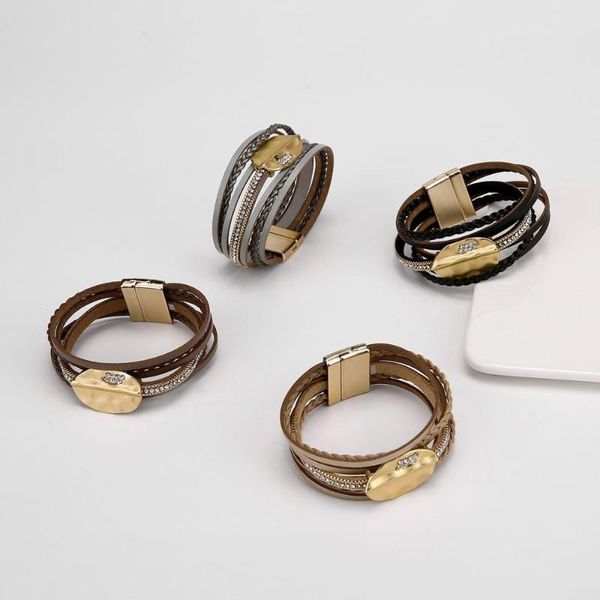 

1pc vintage leaf rhinestone multilayer leather bracelet women fashion braided handmade leather rope wrap bracelets bangles gifts, Golden;silver