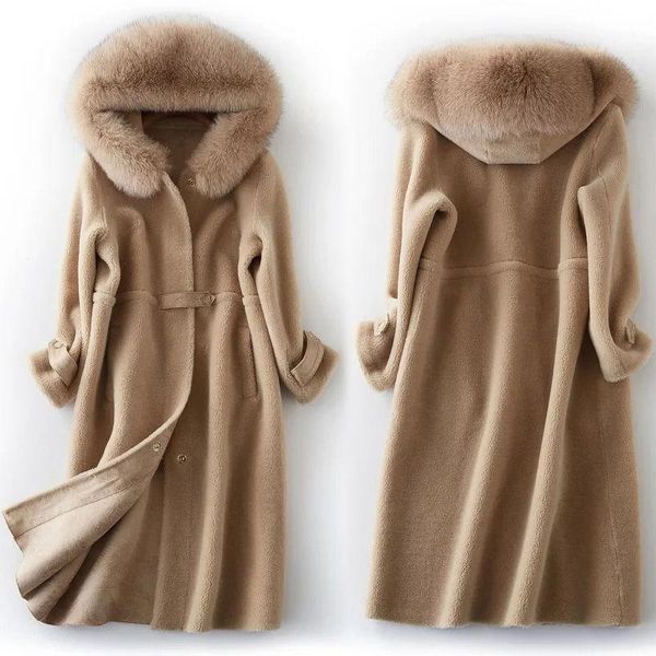 

women 2021 winter real wool fur coat with fur collar female sheep shearing hooded lady genuine overcoat warm jacket s5361, Black