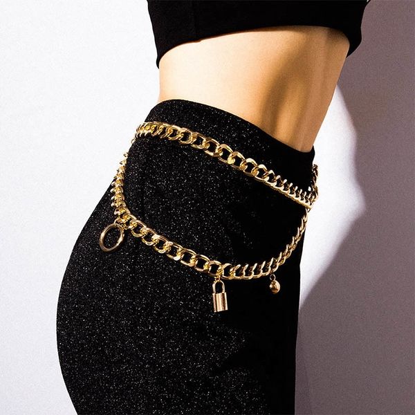 

punk metal multilayered thick waist chain fashion lock bell pendant u tassel belly chain korea woman body chain jewelry accessoy t200508, Silver