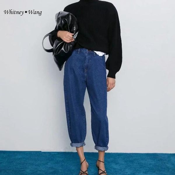 

whitney wang 2020 spring fashion streetwear daddy jeans women stylish denim pants1, Blue