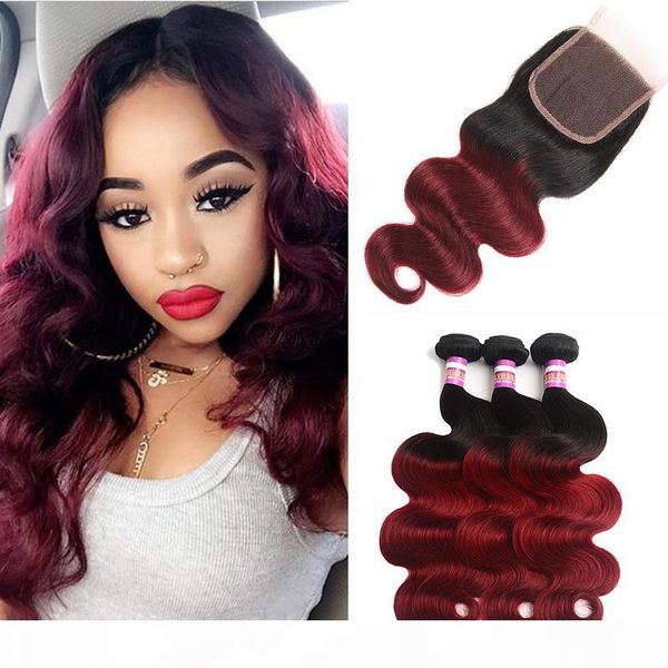 

brazilian body wave remy human hair 3 bundle with closure ombre burgundy 1b 99# human hair extensions two tone virgin hair vendors, Black
