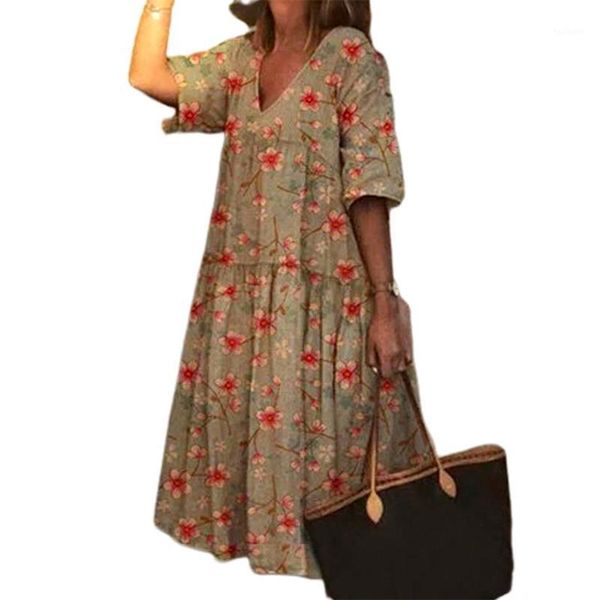 

new summer l-5xl boho woman v neck dress femme casual loose half sleeve floral print large hem midi dresses for beach party1, White;black