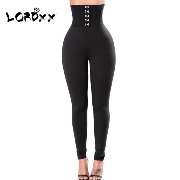 

lordxx fitness high waist elastic leggings women corset belt strappy slim pants trousers for ladies workout casual women pants 201014, Black