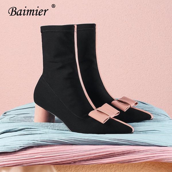 

baimier pink bowtie stretch fabric women sock boots pointed toe mixed color ankle boots for women fashion high heel, Black