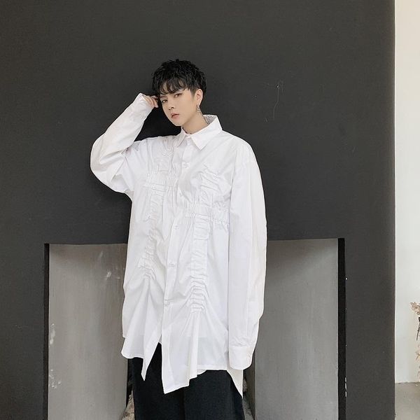

men's casual shirts men folds long sleeve black white shirt male women japan streetwear fashion show punk gothic dress stage clothes, White;black