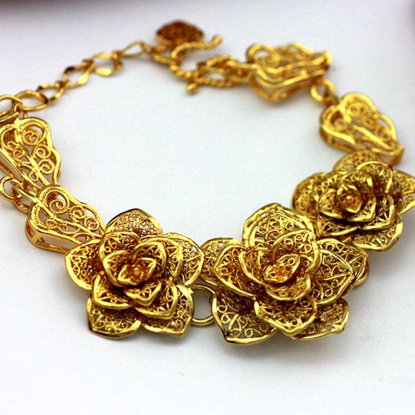 

flower filigree bracelet solid 18k yellow gold filled womens bracelet wedding gift, Black