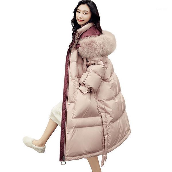 

women winter warm long down coats fur collar white duck feather overcoat1, Black