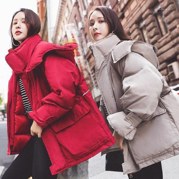 

2020 new autumn winter women korean solid loose coats cotton padded jacket thick female hooded short bf oversized parkas a1601, Black