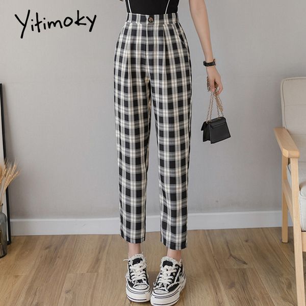 

plaid pants cotton and linen elastic waist pants women streetwear summer checkerboard high waist plus size harem pants female lj201130, Black;white