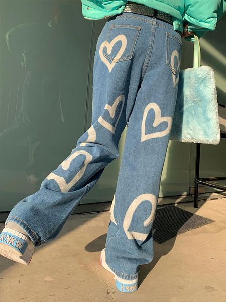 

women's jeans harajuku style winter female heart printed full length loose high waist womens girls streetwear pants, Blue