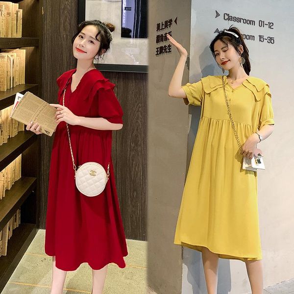 

summer pregnant woman dresses korean fashion loose lapel maternity clothes a-line pregnancy dress, White
