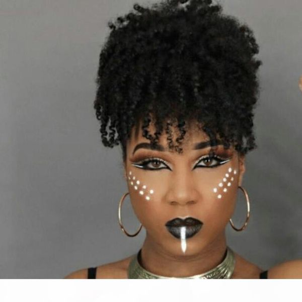 

chic black kinky curly ponytail hairpieces clip in virgin hair drawstring ponytail hair extension natural afro puff 120g