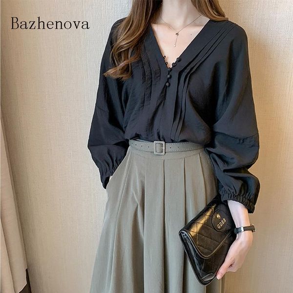 

autumn 2020 women korean style button ruffles shirt loose lantern sleeve v-neck blouse solid color base shirt t15011, White