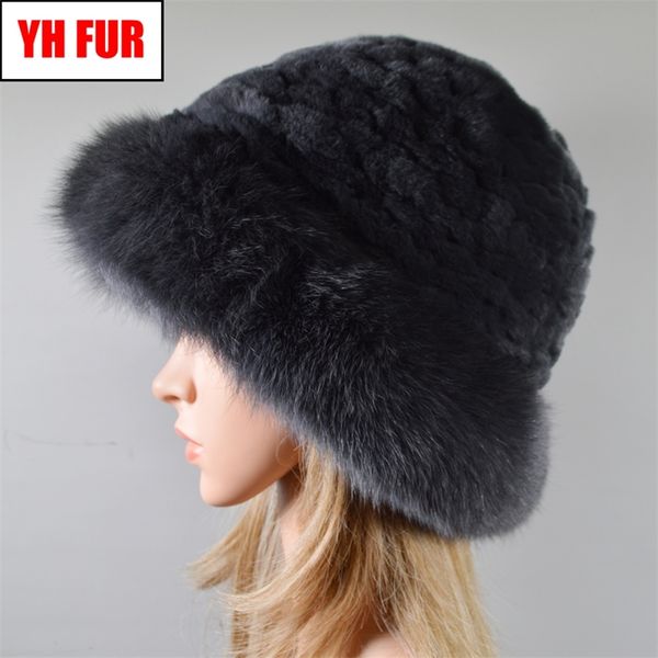 

winter warm women knitted real natural fox fur hat bowler solid rex rabbit fur caps beanies lady real fur hat skullies 201215, Blue;gray