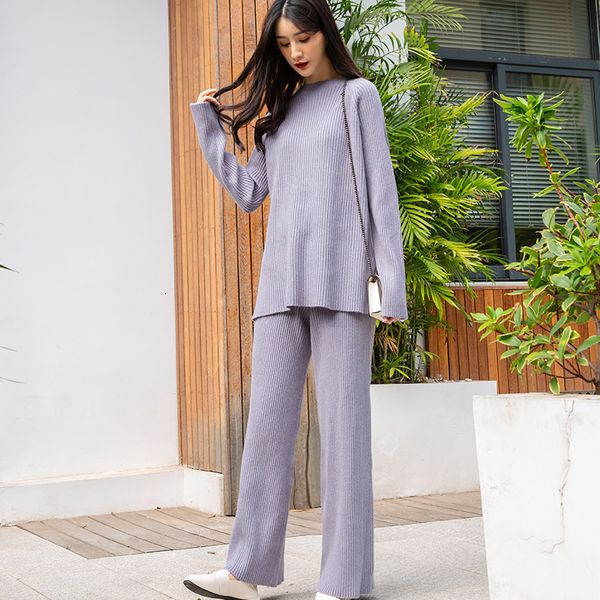 

2021 new women's knitted shirt set solid pit knitting elastic sweater empire waist loose leg 2 piece mt0r, Gray