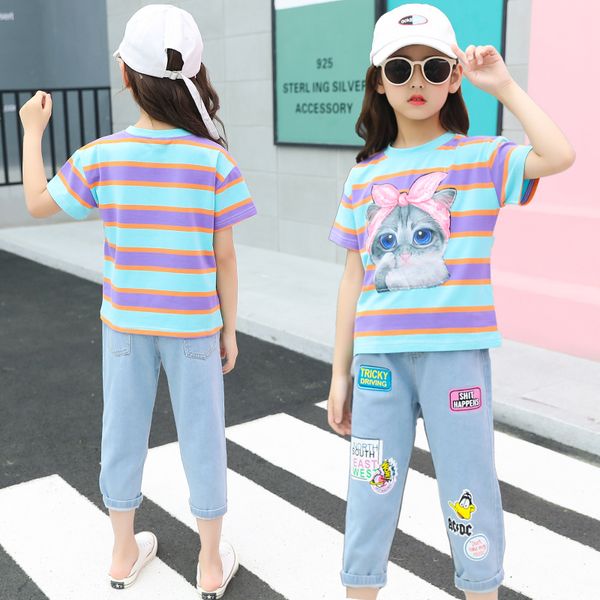 

cute cartoon kids popular little girls clothing casual styles 2 piece girls striped t-shirt + jeans pants outfit sets t200707, White