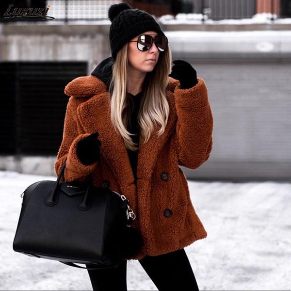 

luzuzi 11 colors casual teddy coat winter fleece plus size warm thick faux fur jacket coat women pockets plush overcoat outwear, Black
