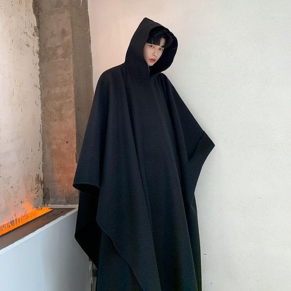 

japan street men style hooded robe cloak trench coat outerwear male gothic punk fashion show pullover long jacket overcoat1, Tan;black
