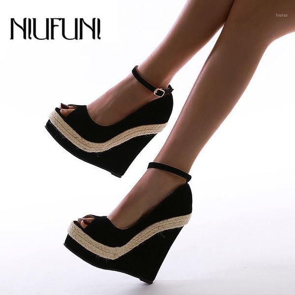 

rope gladiator shoes peep toe wedge women sandals platform high heels buckle plus size 35-42 roman shoes for women1, Black