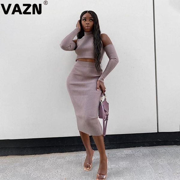 

vazn 2020 knit set solid sweet turtleneck one shoulder full sleeve group midi skirts skinny women 2 piece set, Gray