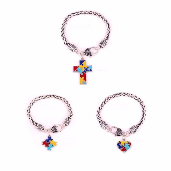 

link, chain autism awareness puzzle jigsaw classic silver plated fashion square enamel charm bracelet jewelry, Black