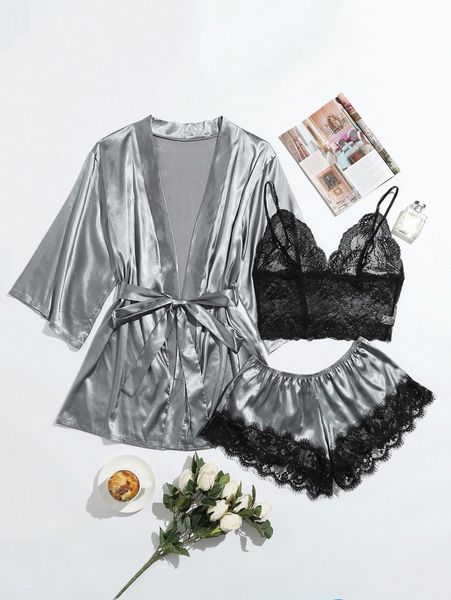 

3pack plus contrast lace satin lingerie set & belted robe n1dh#, Black;white