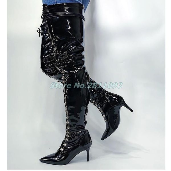 

lace up thin high heel thigh boots black patent leather over the knee back zipper women runway boots fashion ladies1