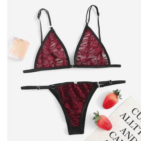 

2020 fashion new women floral lace lingerie thong + bra babydoll ladies solid color wire seamless underwear suits1, Red;black