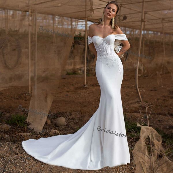 

modest simple white mermaid wedding dresses off the shoulder satin lace country beach wedding dress corset back boho bride dress women