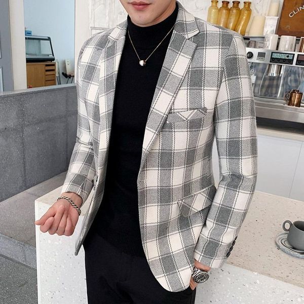 

men's plaid suit jacket 2021 spring new fashion casual slim small suit bar club wedding male business, White;black