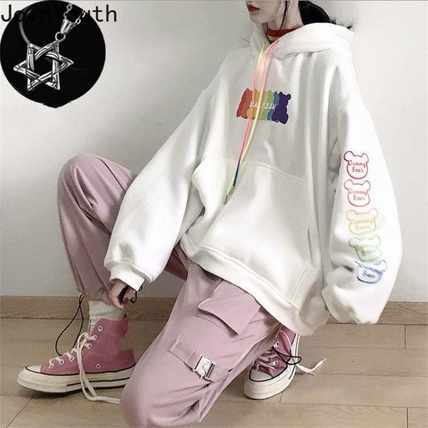 

joinyouth fall women sweatshirt fleece loose casual oversized cute bear hoodies white hooded streetwear sweatshirts 7b107 201127, Black