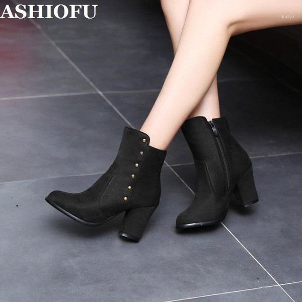 

ashiofu handmade women's chunky heel boots comfortable faux-suede ankle booties large size us5-us15 fashion short boots1, Black