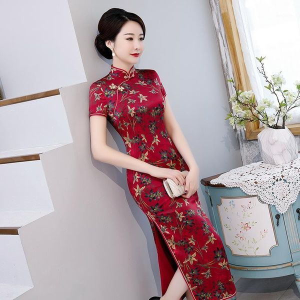 

2020 spring summer new mulberry silk short sleeve chinese style stage show slim long high-grade red cheongsam dress women1