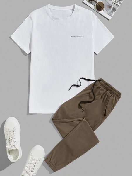 

men slogan graphic tee & carrot pants f6ob#, Gray
