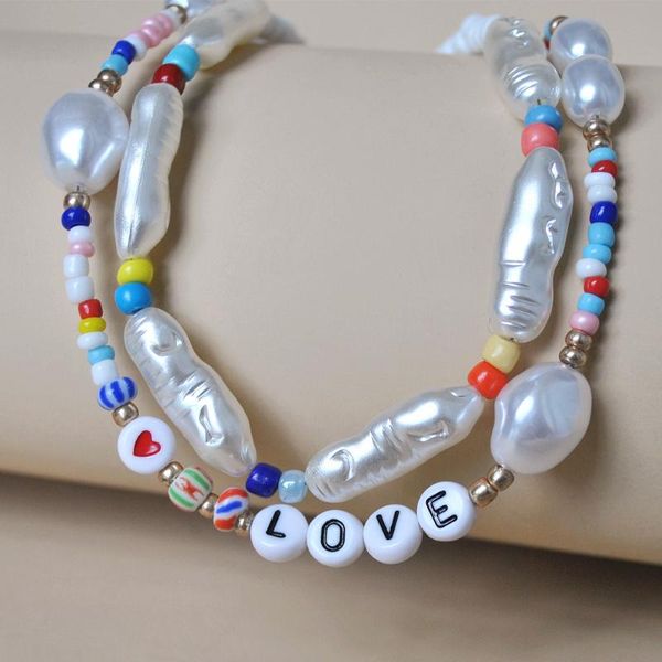 

chains huanzhi 2021 irregular alien pearl colorful beads love letter clavicle chain necklace for women beach vacation jewelry, Silver