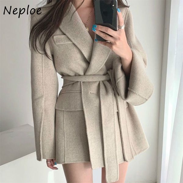 

neploe solid color one-button fake pocket chic split long sleeves straight femme jacket drawstring slim waist coat women 201112, Black;brown