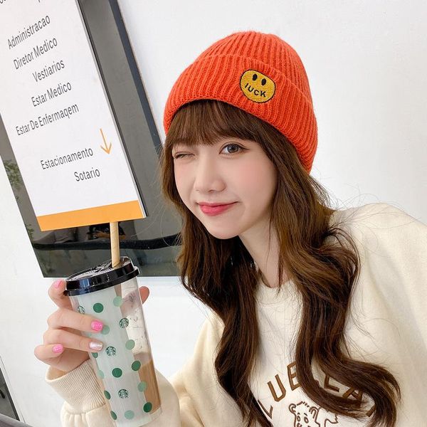 

autumn and winter hats thicken hip-hop landlord hats women's knitted wool retro warm street style fur smiling luck, Blue;gray