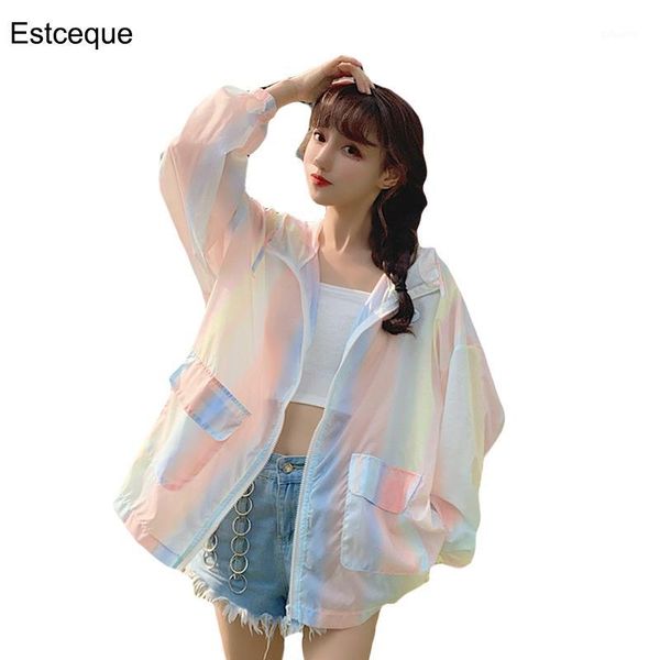 

rainbow striped sunscreen basic jacket women 2020 new korean loose hooded zipper basic jacket summer plus size women1, Black;brown