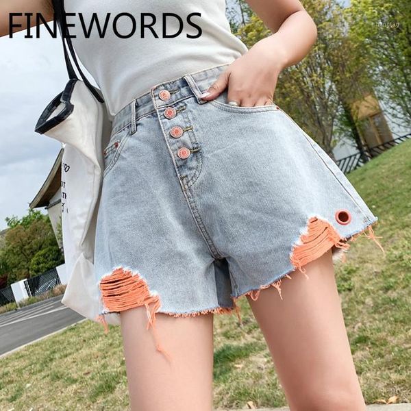 

finewords retro single orange button high waist shorts jeans women casual korean jeans short loose plus size summer shorts s-5xl1, White;black