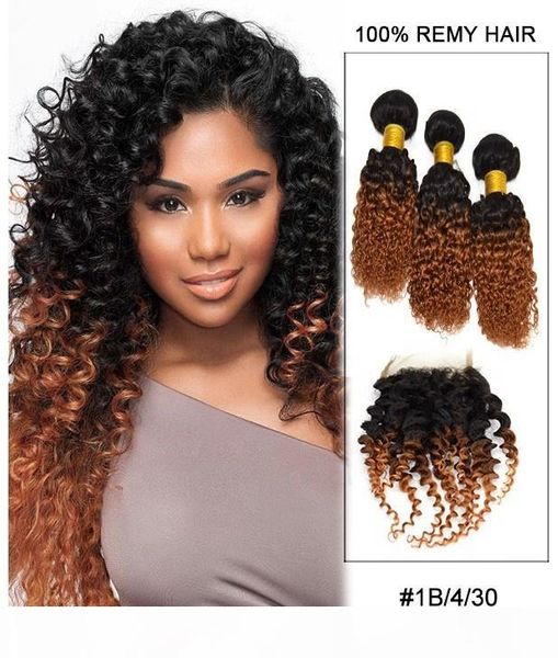 

unprocessed 1b 30 cuticle aligned kinky curly hair brazilian weave bundles with 4*4 closure for sale, Black;brown