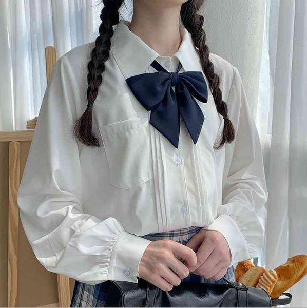 

magogo original women long sleeved shirt lolita retro slim shirt solid color chiffon blouse without bow, White