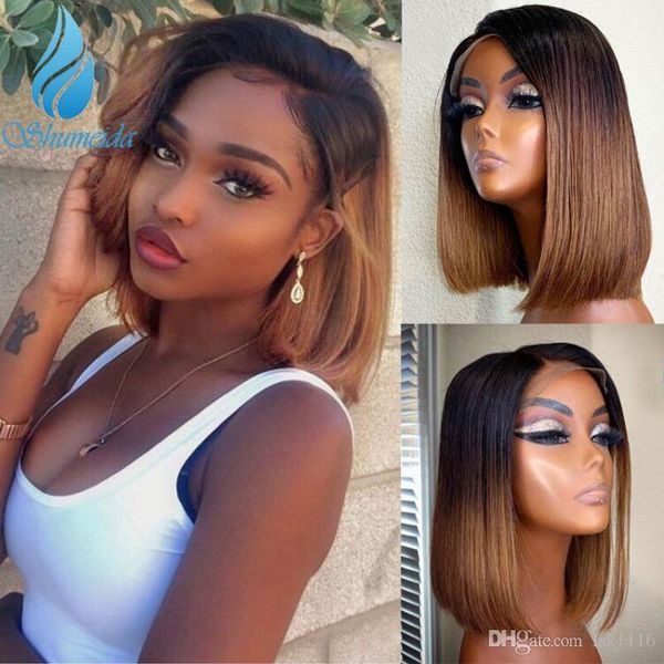 

150% density ombre brown 13*6 lace front human hair wigs brazilian remy human hair short bob wig with baby hair full lace wigs, Black;brown