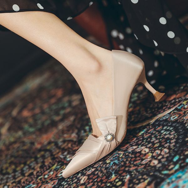 

2020 fashion thin heels pointed to silk toe. bombs solid color. butterfly knot dress. spring party. female shoes. 7mol, Black