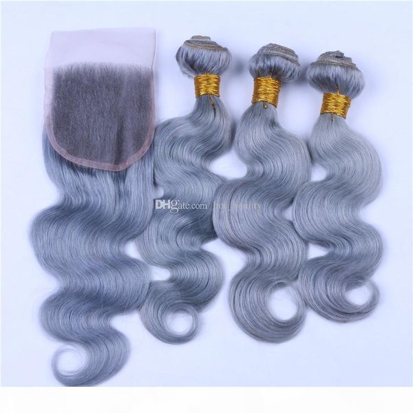

grey human hair bundles with lace closure 4x4 silver gray virgin peruvian body wave hair lace closure and weave bundles deals, Black