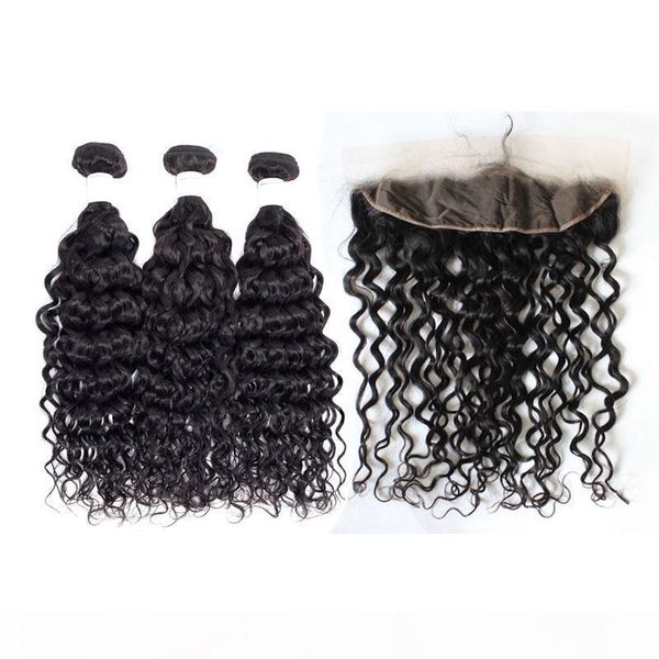

water wave hair bundle with lace closure unprocessed peruvian natural black human hair extension weave with frontal for women brazilian hair