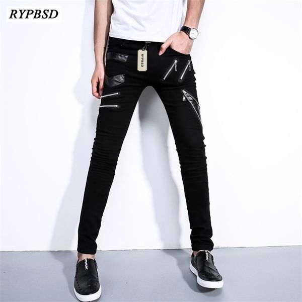 

spring autumn fashion zipper design leather patchwork pants men hip hop sportswear pants slim fit white skinny trousers men 201128, Black