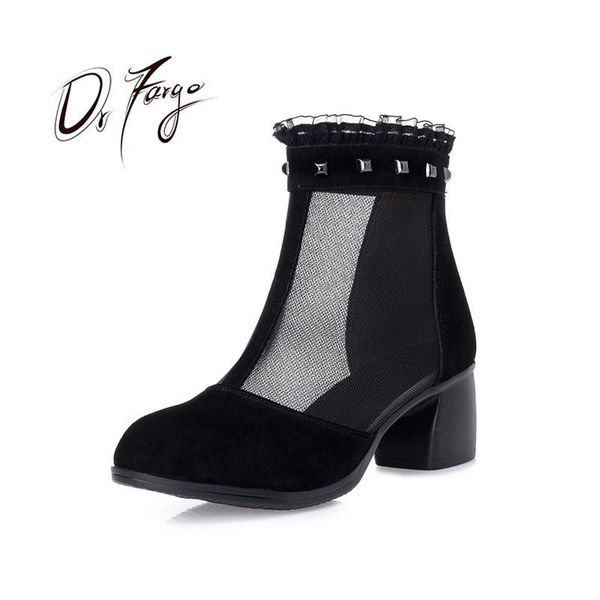 

boots drfargo summer shoes women cow suede mesh ankle back zipper boot rivets med square high heel size35-42 femme chaussure8812, Black