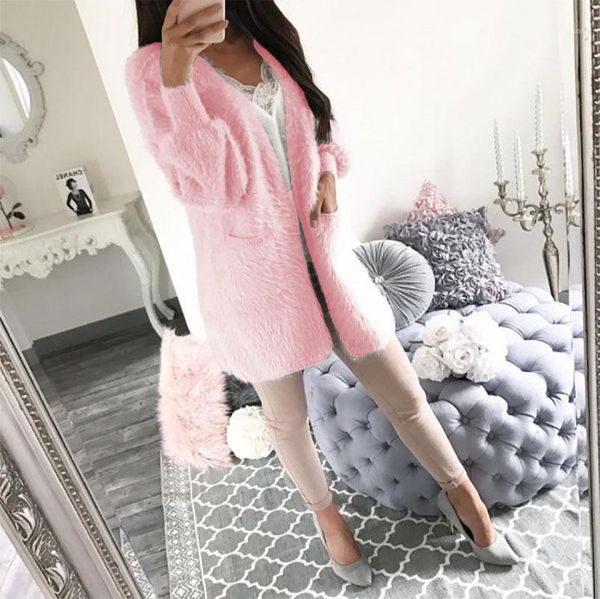 

fashion women long sleeve knitting cardigan coat 2018 autumn winter casual outwears fake fur overcoats female loose jackets1, Black