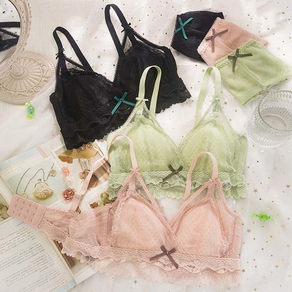 

wasteheart new women fashion lace bow bra bralette cotton panties padded wireless underwear lingerie sets cup a b, Red;black