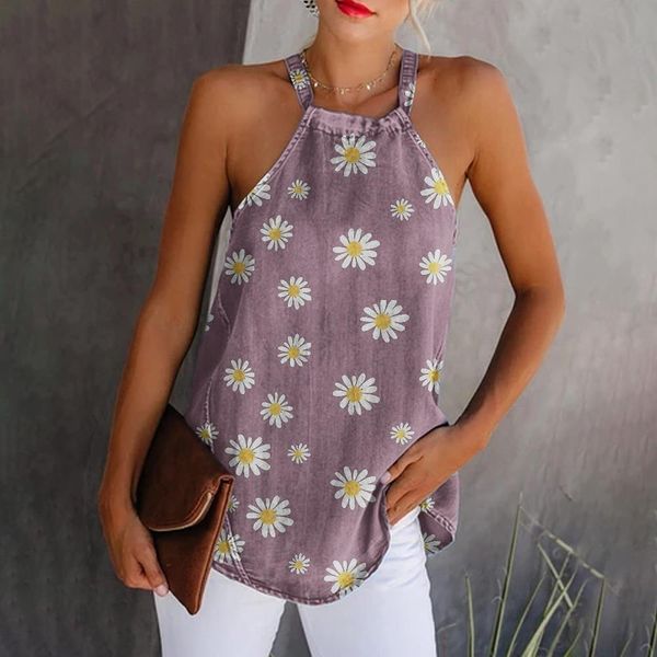 

daisy print elegant halter 2020 summer new sleeveless cotton linen bohemia tank women casual streetwear blusas d35, White